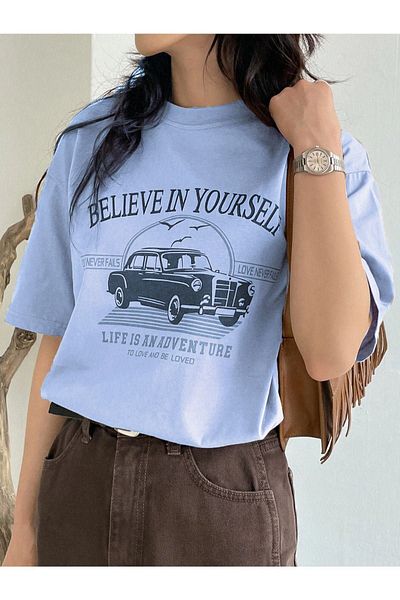 DUBU BUTİK Believe In Yourself T-shirt - Baby Blue Printed Oversize Crew Neck Short Sleeve T-Shirt