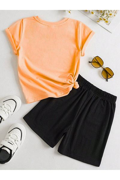 DUBU BUTİK Heart Cotton Kids Set - Orange T-shirt & Black Shorts - Printed Girls Boys Summer Crew Neck
