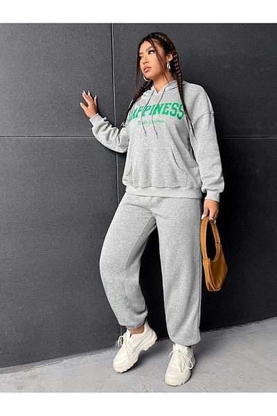 DUBU BUTİK طقم بدلة رياضية سويت شيرت Jogger - غطاء رأس كبير الحجم مطبوع باللون الرمادي