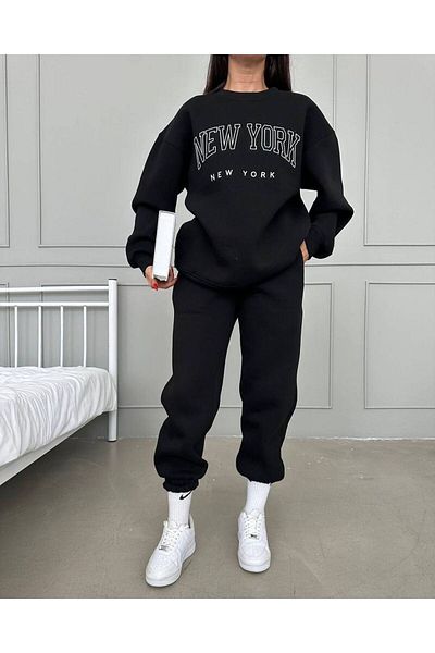DUBU BUTİK New York New York αθλητική φόρμα Jogger - Μαύρη στάμπα Oversize Raster Crew Neck