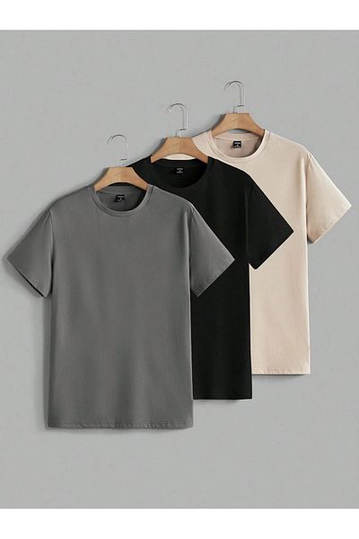 DUBU BUTİK 3-Piece Basic T-Shirt Black Smoked Beige Oversize Unisex