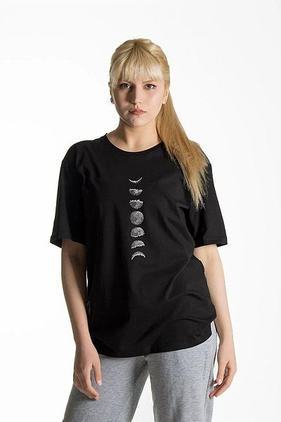 DUBU BUTİK Unisex Μαύρο βαμβακερό μπλουζάκι Oversize Phases of the Moon με στάμπα χαλαρή εφαρμογή