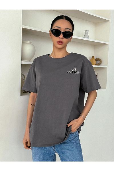 DUBU BUTİK Smoked Oversize Butterflies T-shirt - Oversize Printed