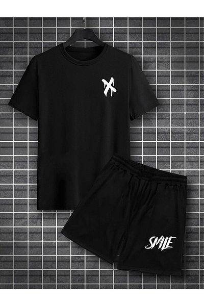 DUBU BUTİK Σετ μαύρο μπλουζάκι και σορτς X Smile - Oversize Crew Neck Printed