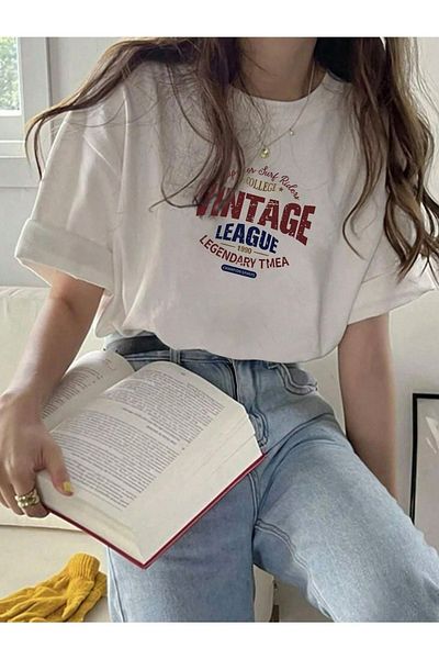 DUBU BUTİK Vintage College T-Shirt - White Printed Oversize Crew Neck Short Sleeve