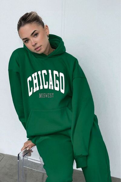 DUBU BUTİK Σετ φόρμας Chicago Sweatshirt Jogger - Πράσινη στάμπα Oversize Raised Hooded