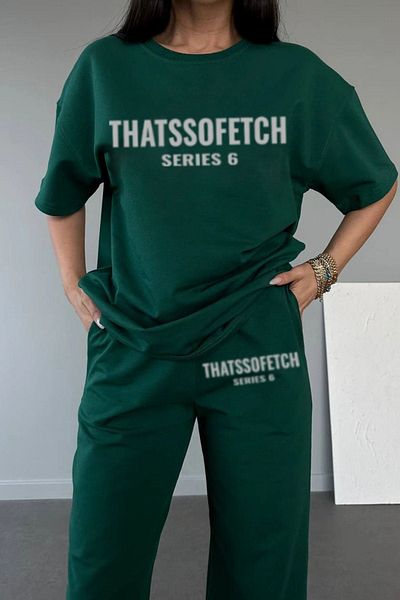 DUBU BUTİK Series 6 T-shirt Sweatpants Jogger- Σετ φόρμας με πράσινη στάμπα στο κάτω επάνω μέρος Oversize Crew Neck