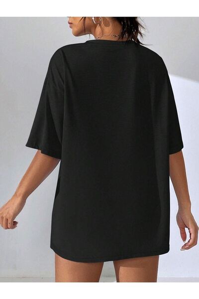 DUBU BUTİK Лос-Анджелес La Дизайн Футболка - Чорна з принтом Oversize Велосипедний комір Короткий рукав