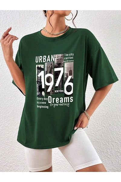 DUBU BUTİK Urban 1976 T-shirt - Green Printed Oversize Crew Neck Short Sleeve T-Shirt