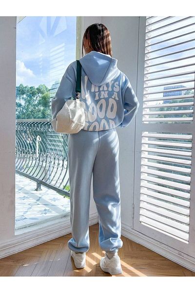 DUBU BUTİK Σετ φόρμας Mood Φούτερ Jogger - Baby Blue Printed Oversize Raster Hooded
