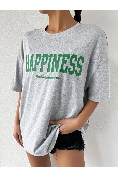 DUBU BUTİK Μπλουζάκι με στάμπα σε γκρι Oversize Happiness - Oversize Unisex