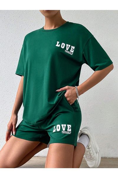 DUBU BUTİK Love Yourself T-shirt Shorts - Green Bottom Top Combination Shorts T-shirt Set Printed Oversize Crew Neck