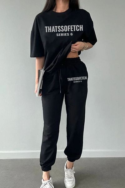 DUBU BUTİK Σετ φόρμας Jogger Series 6 Black printed - Oversize Crew Neck