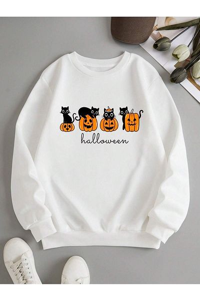 DUBU BUTİK Φούτερ Halloween Cats - Λευκό εμπριμέ Oversize Crew Neck