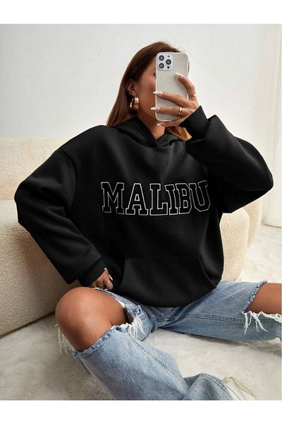 DUBU BUTİK Malibu Sweatshirt - Black Printed Oversize Hoodie