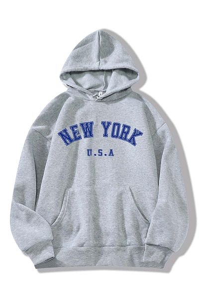 DUBU BUTİK Φούτερ New York Usa - Γκρι εμπριμέ κουκούλα oversize