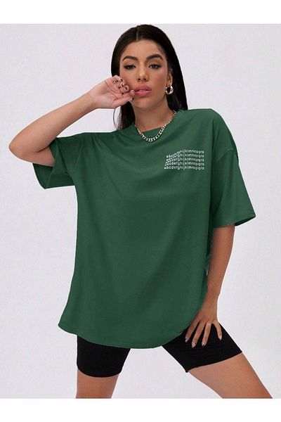 DUBU BUTİK Alphabet T-Shirt - Green Printed Oversize Crew Neck Short Sleeve