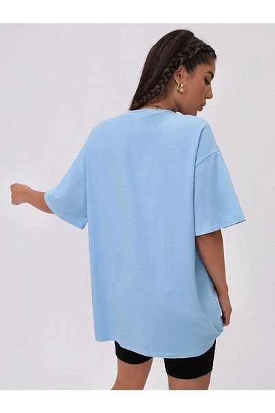 DUBU BUTİK Alphabet T-Shirt - Baby Blue Printed Oversize Crew Neck Short Sleeve