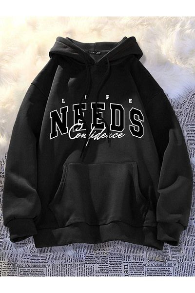 DUBU BUTİK White Printed - Needs Confidence Oversize Hooded Sweatshirt