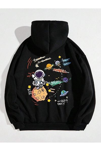DUBU BUTİK Space Travel Sweatshirt - Black Printed Oversize Hoodie