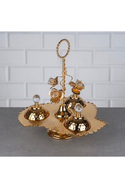 ZETT 3lü Sepet Lokumluk 3 Bölmeli Kapalı Kahve Yanı İkramlık Metal Sunumluk A...