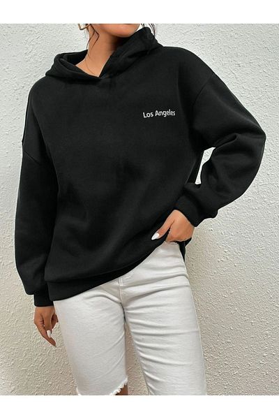 DUBU BUTİK Los Angeles Minimal Sweatshirt - Black Printed Oversize Hoodie