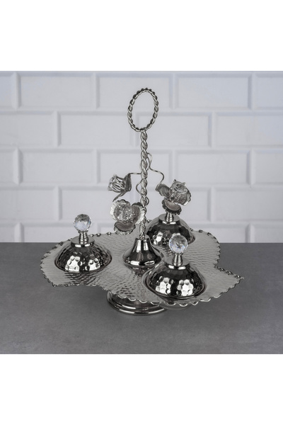 ZETT 3lü Sepet Lokumluk 3 Bölmeli Kapalı Kahve Yanı İkramlık Metal Sunumluk G...