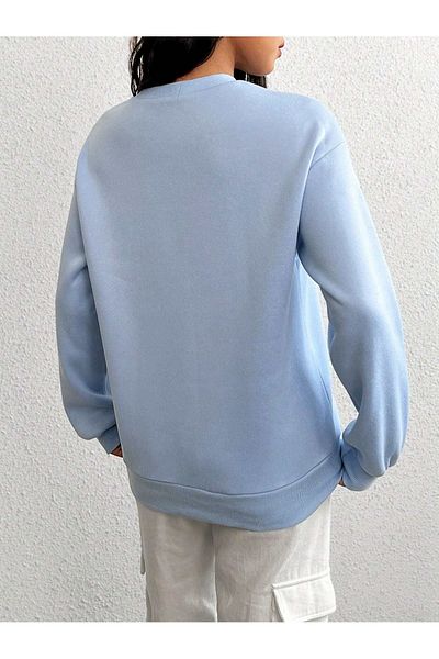 DUBU BUTİK Arizona Cactus Sweatshirt - Baby Blue Printed Oversize Crew Neck