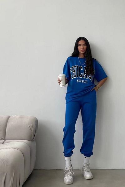 DUBU BUTİK Chicago T-shirt Sweatpants Jogger - Σετ αθλητικής φόρμας με μπλε στάμπα στο κάτω μέρος Oversize Crew Neck