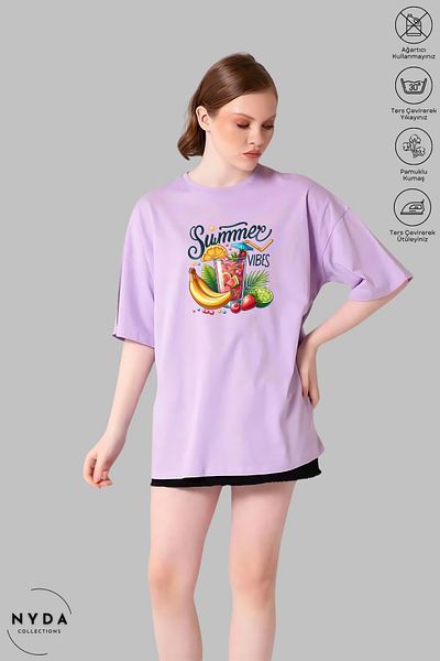 Nyda Collections Unisex Crew Neck Summer Vibes εμπριμέ βαμβακερό μπλουζάκι με κοντό μανίκι