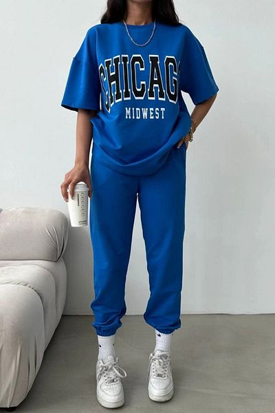 DUBU BUTİK Chicago T-shirt Sweatpants Jogger - Σετ αθλητικής φόρμας με μπλε στάμπα στο κάτω μέρος Oversize Crew Neck