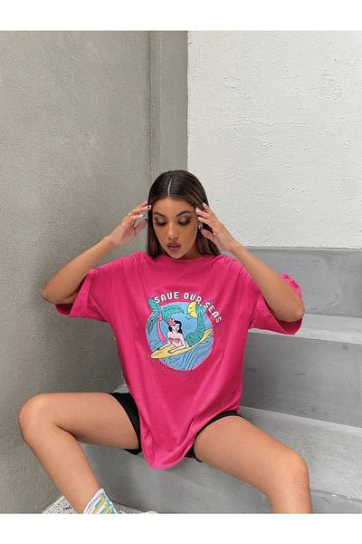 DUBU BUTİK Save Our Seas T-shirt - Pink Printed Oversize Crew Neck Short Sleeve T-Shirt