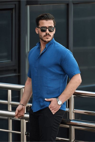 Valiberta Hakim Collar Muslin Fabric Short Sleeve Shirt - Indigo
