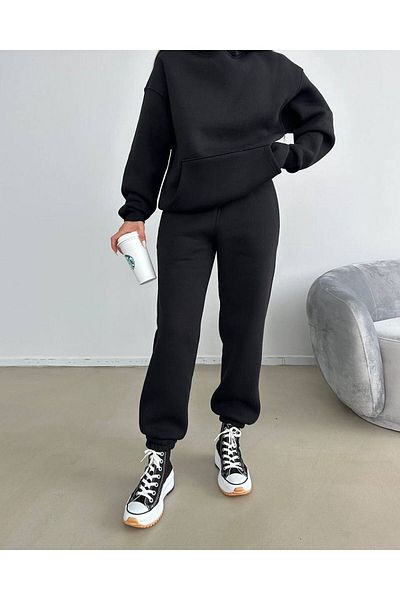 DUBU BUTİK Σετ φόρμας χωρίς στάμπα Φούτερ Jogger - Μαύρη κουκούλα μεγάλου μεγέθους