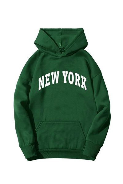 DUBU BUTİK New York Sweatshirt - Green Printed Oversize Hoodie