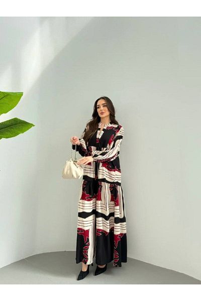 PREMİER VİE Hijab New Season Ecru Μαύρο Καλοκαιρινό Φόρεμα Βισκόζης