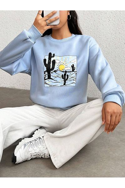 DUBU BUTİK Arizona Cactus Sweatshirt - Baby Blue Printed Oversize Crew Neck