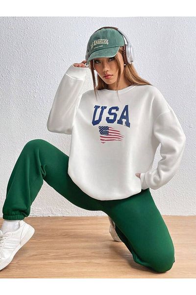 DUBU BUTİK USA Flag Tracksuit Set White Sweatshirt GreenJogger - Printed Oversize Ribbed Crew Neck