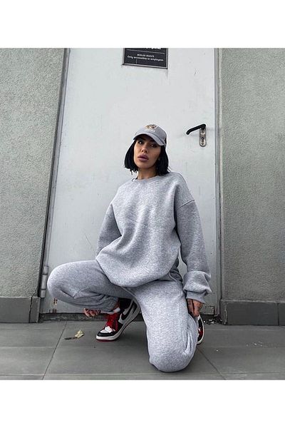 DUBU BUTİK طقم بدلة رياضية غير مطبوعة سويت شيرت Jogger - رمادي كبير الحجم برقبة دائرية