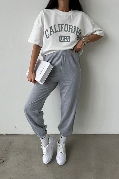 DUBU BUTİK Καλιφόρνια Λευκό USA T-shirt Grey Sweatpants Jogger - Σετ εμπριμέ στο κάτω μέρος Oversize Crew Neck