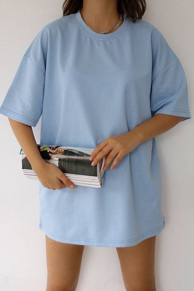 DUBU BUTİK Απλό Basic T-shirt - Baby Blue Oversize Crew Neck T-shirt με κοντό μανίκι