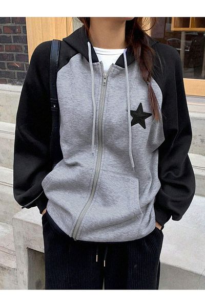 CLAYES Star Printed Γκρι και Μαύρη Oversize Ζακέτα Raglan Sleeve