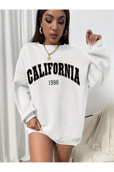 DUBU BUTİK California 1998 Sweatshirt - White Printed Oversize Crew Neck
