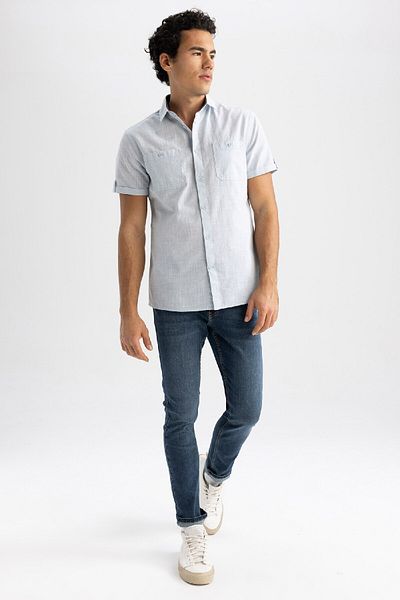 DeFacto Slim Fit Slim Fit Polo Neck Linen Look Short Sleeve Shirt N9073Az23Sm