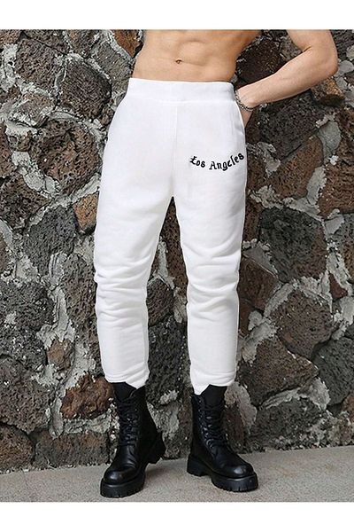DUBU BUTİK Los Angeles Sweatpants Jogger - Λευκό εμπριμέ λαστιχένιο πόδι ψηλόμεσο