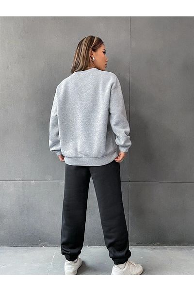 DUBU BUTİK Σετ φόρμας Brooklyn 1898 Γκρι φούτερ Black Jogger - Printed Oversize Raster Crew Neck