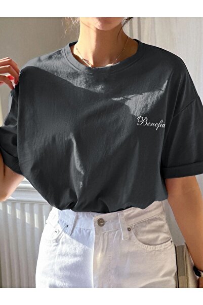 DUBU BUTİK Smoked Oversize Kındness T-shirt - Oversize Printed