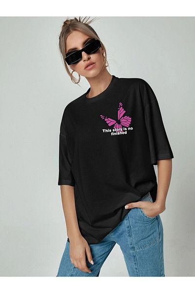 DUBU BUTİK Butterfly Story B T-shirt - Black Printed Oversize Crew Neck Short Sleeve T-Shirt