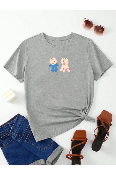 DUBU BUTİK Pregnant Baby T-shirt Kids Printed - Gray Crew Neck Oversize T-Shirt