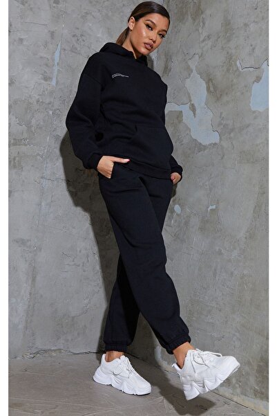 DUBU BUTİK Curious Parachute - Μαύρο εμπριμέ υπερμεγέθη ροζ χρυσό με κουκούλα Jogger